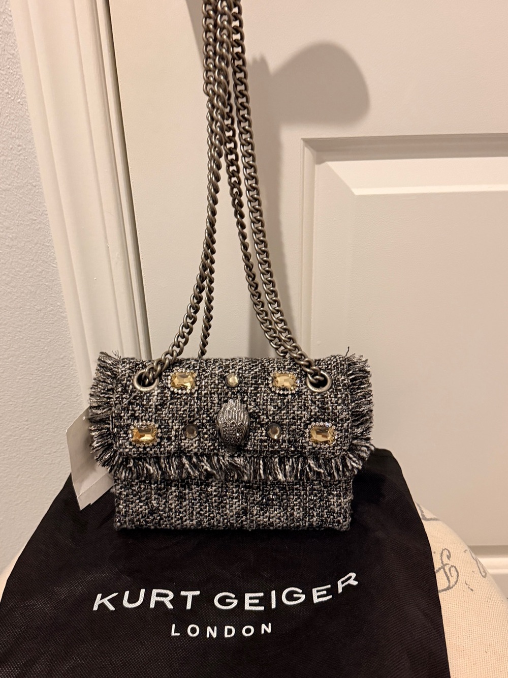 Kurt Geiger Black & Silver Tweed Shoulder Bag with Chain Strap